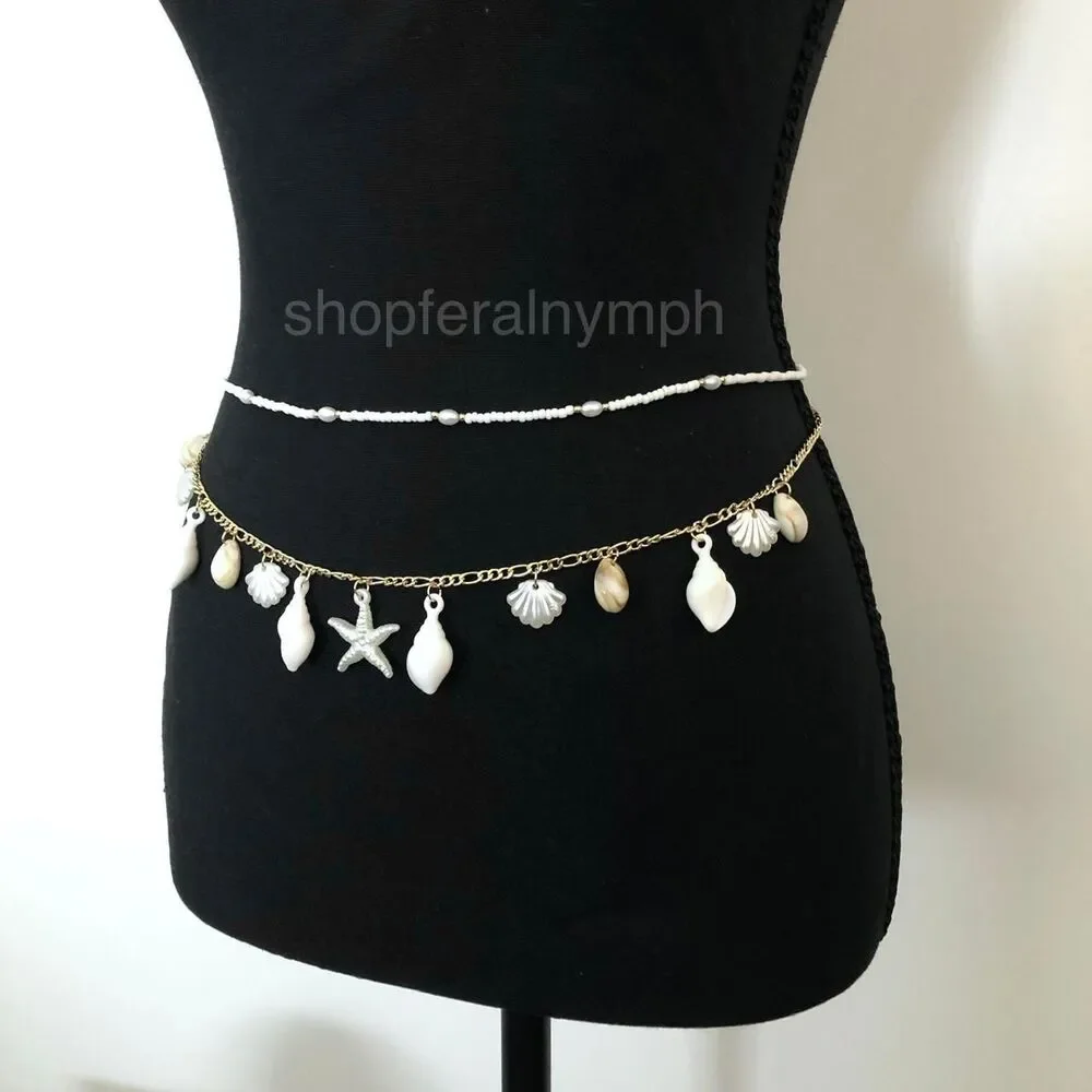 Mermaidcore Gold Shell Starfish Layered Chain Belt, Up to 33.5 Inches, X7GA1156